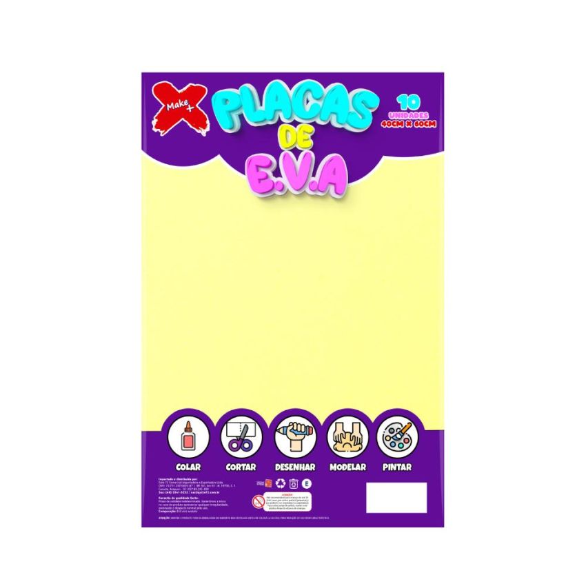 Folha de EVA Amarela 40x60cm Make+ pacote com 10 unidades