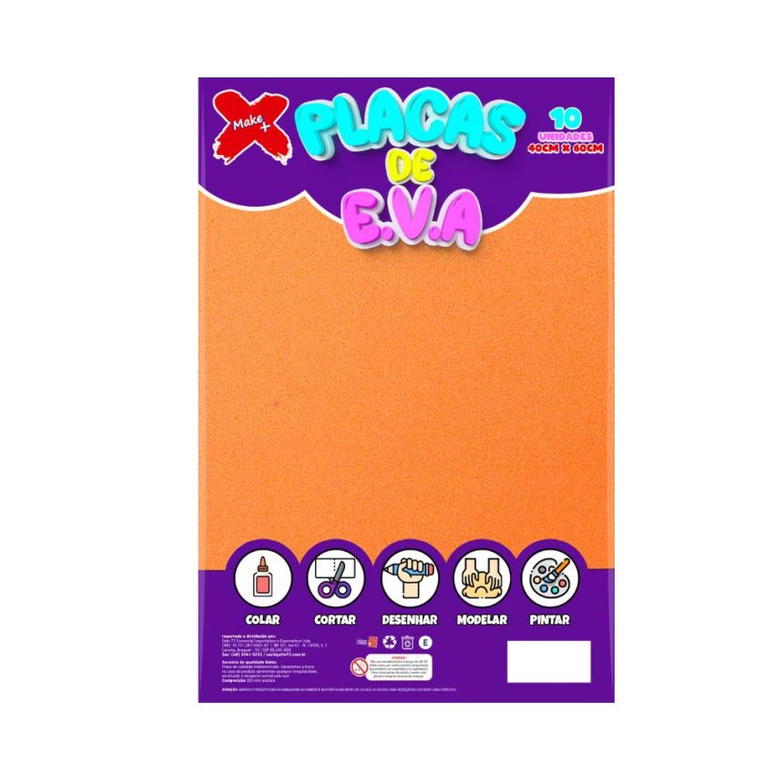 Folha de EVA Laranja 40x60cm Make+ pacote com 10 unidades