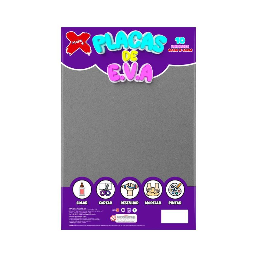 Folha de EVA Cinza 40x60cm Make+ pacote com 10 unidades