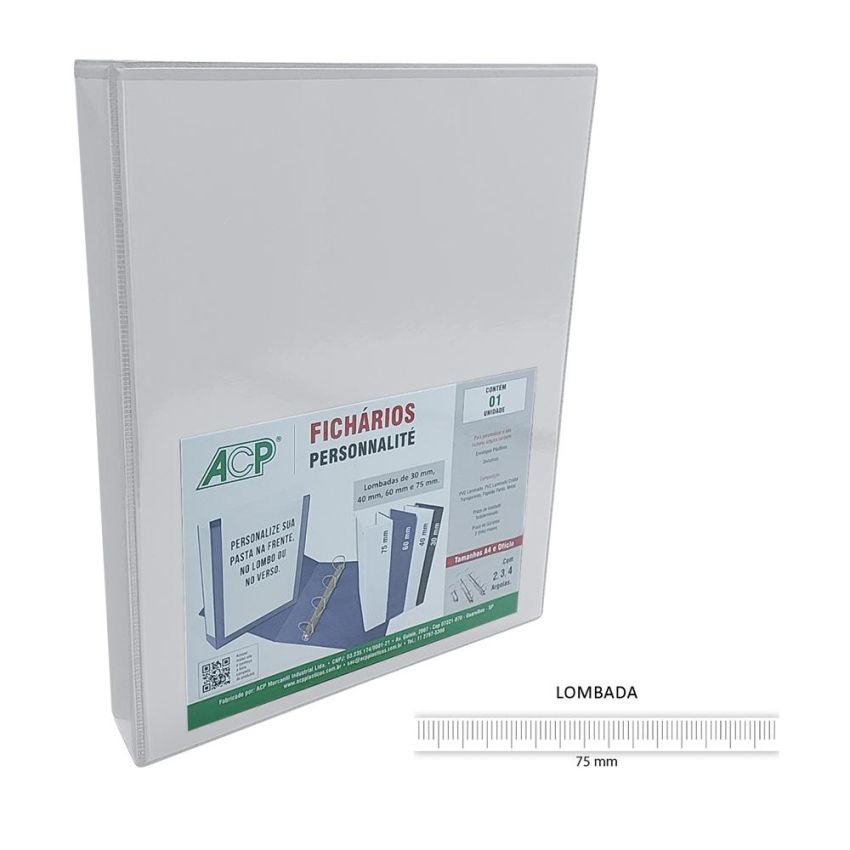 Fichario Oficio c/  Revestimento 75mm 4 Argolas Branco 4750 Acp