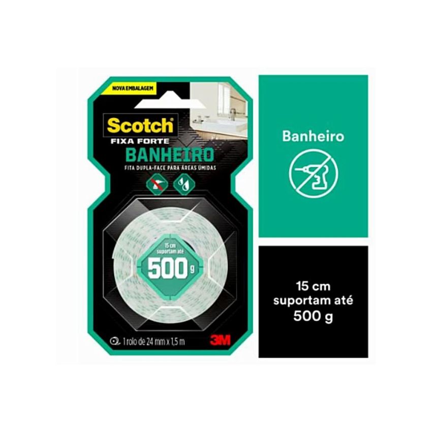 Fita Adesiva Fixa Forte Banheiro Scotch 24mmx1,5m Branca 3m