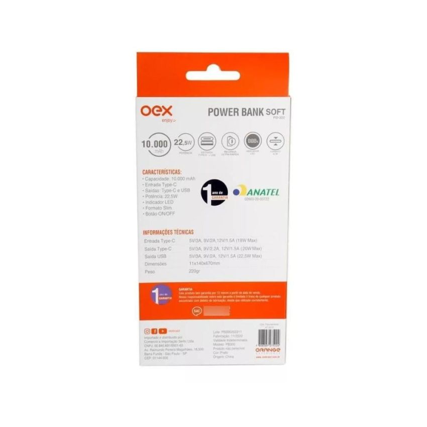Power Bank Soft 10.000mah Typec Usb Pb300 Preto 47.9310 Oex