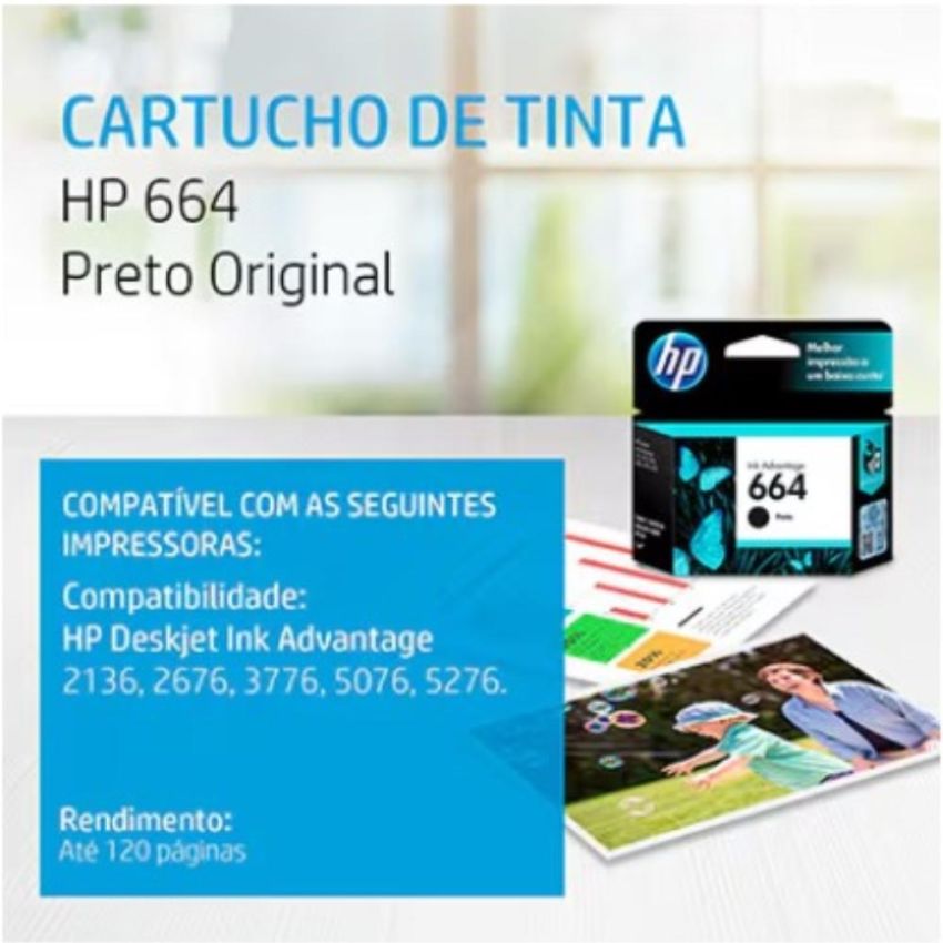 Cartucho de Tinta Original hp 664 Preto Ref F6v29ab hp