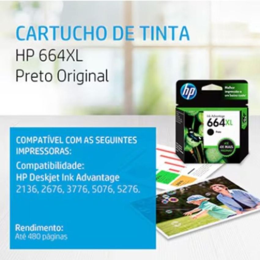 Cartucho de Tinta Original hp 664xl Preto Alto Rendimento Ref F6v31ab