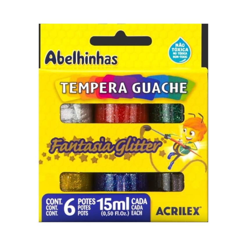 Tinta Guache Fantasia Glitter 15ml 6 Cores 02001-000 Acrilex