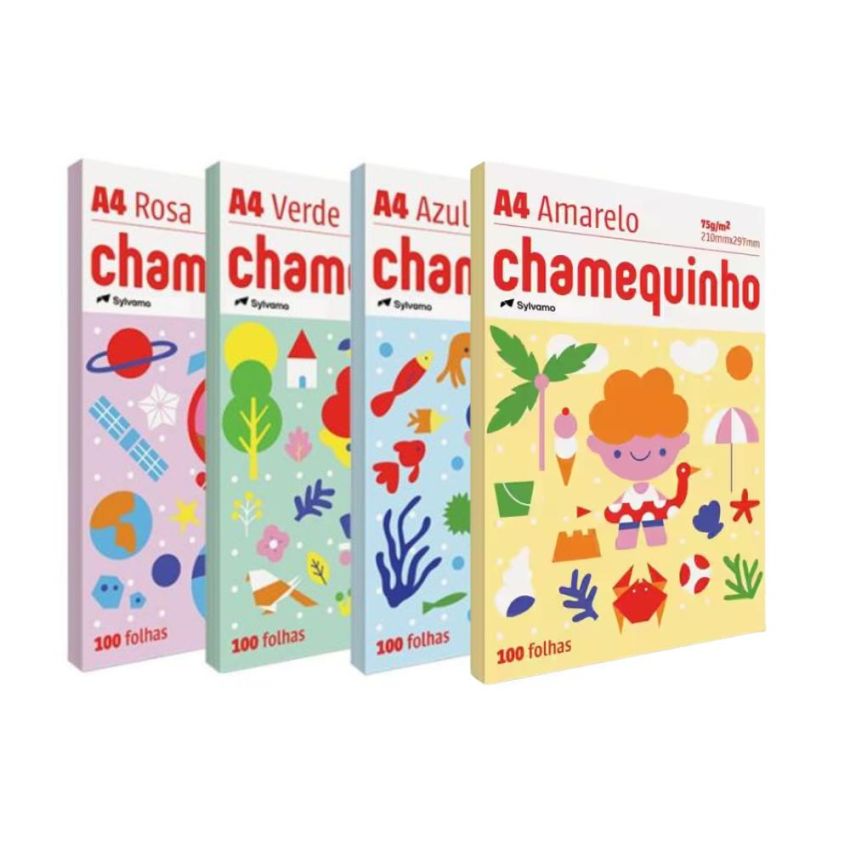 Kit Papel Sulfite Chamequinho Colorido (Amarelo, Azul, Rosa, Verde) 